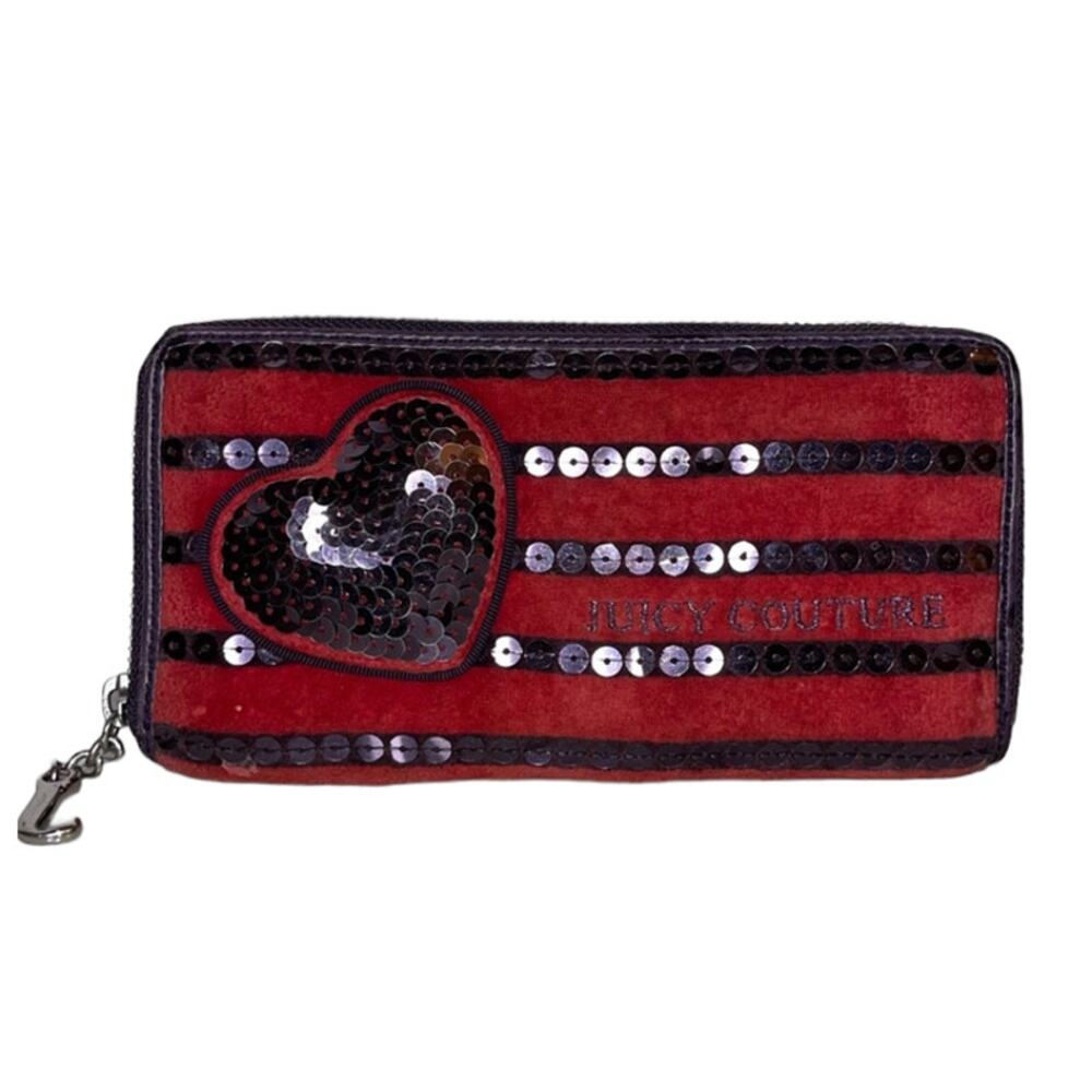 Juicy Couture Y2K Red & Purple Sequence Soft Velvet Heart Zip Around Wallet